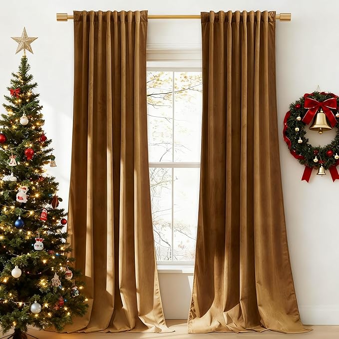 StangH Velvet Curtains 144 inches Long Luxury Gold Brown Blackout Thermal Insulated Tall Window Drapes Privacy Heavy Home Decor for Living Room/Hall, W52 x L144, 2 Panels