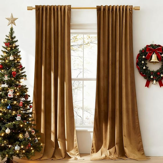 StangH Velvet Curtains 84 inches - Gold Brown Blackout Thermal Insulated Window Drapes for Living Room, Back Tab Luxury Home Decor Curtains for Bedroom Sliding Door, W52 x L84, 2 Panels
