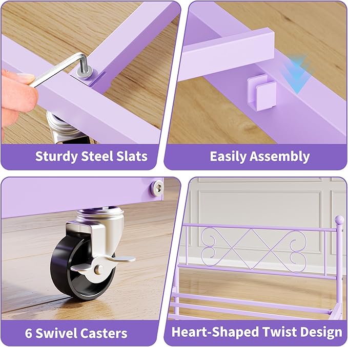 Daybed with Trundle, Trundle Bed Twin with Heart-shaped Headboard for Kids, Sturdy Metal Day Bed with Steel Slat Support, Twin Daybed for Living Room, Bedroom and Guest Room, Easy Assembly, Purple