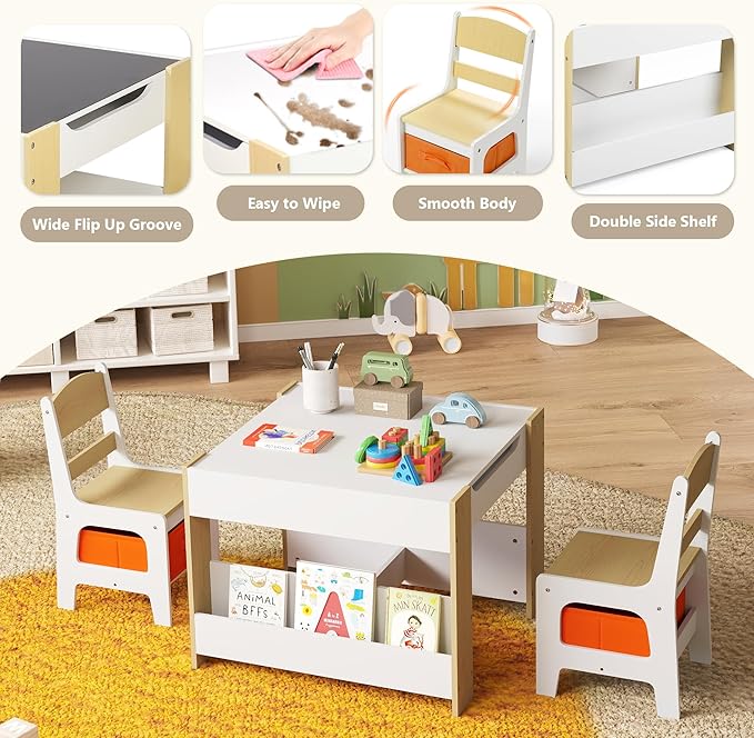 Kinder King Kids Wood Table & 2 Chairs Set, 4 in 1 Children Activity Table w/Double Bookcase, Blackboard, Toddler Furniture Set for Art, Crafts, Drawing, Reading, Playroom, Natural