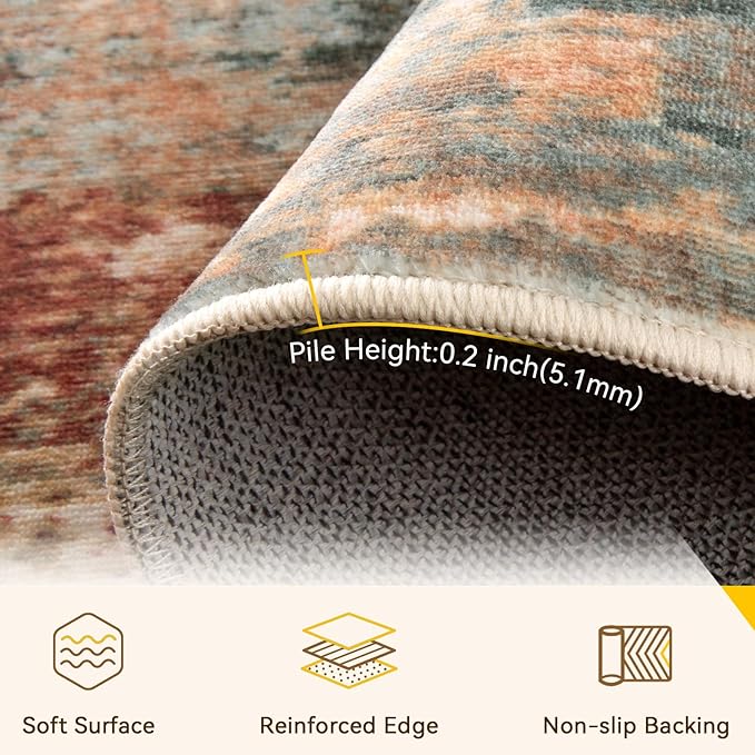 Washable Area Rugs 6'x9' Non-Slip Modern Abstract Soft for Living Room Entryway Bedroom Nursery, Print Pattern, Brown Rust Red Multi