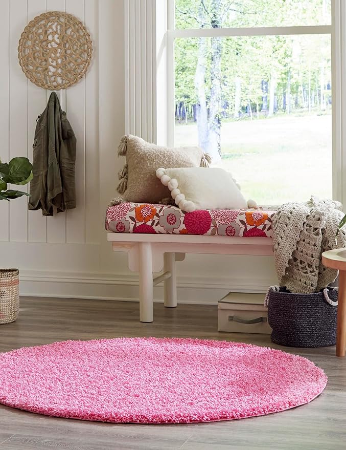 Unique Loom Solid Shag Collection Area Rug (7' 1" Round, Taffy Pink)