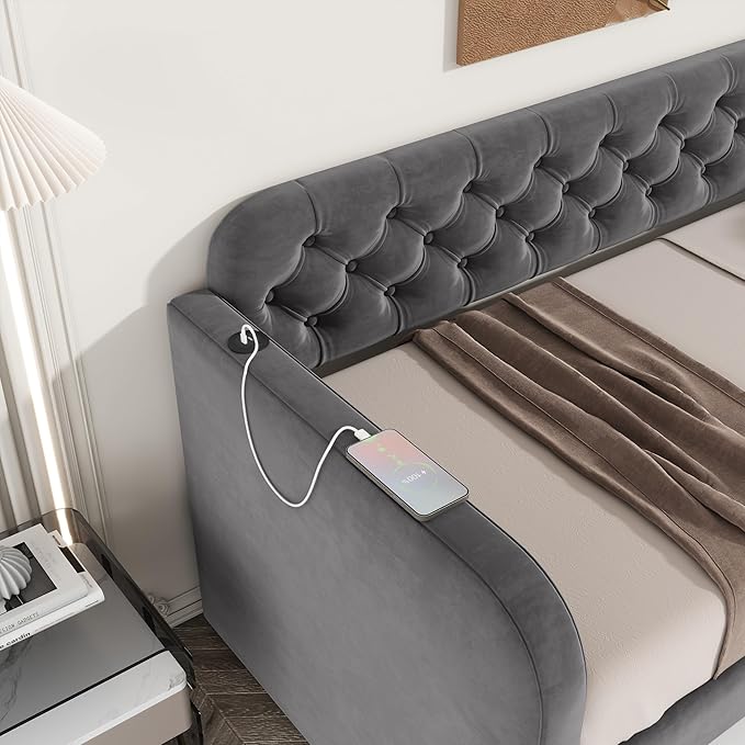 Bellemave Twin Upholstered daybed with Trundle and USB Charging, Velvet Tufted Sofa Bed Twin Size, daybed with Trundle for Adults, Kids, Girls, Teens, for Living Room, Dark Grey