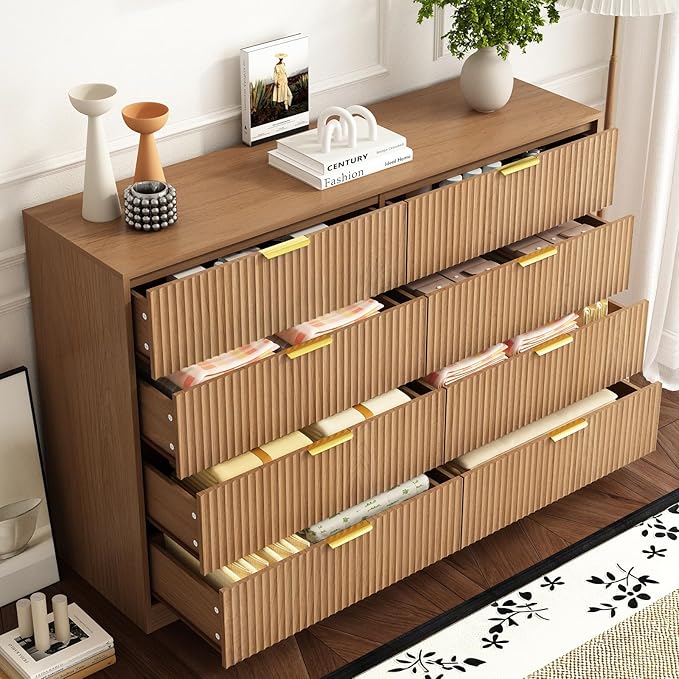 8 Drawer Dresser for Bedroom, Modern Fluted Double Dresser, 55" Wide Chest of Dressers, Mid Century Wooden Beside Table for Closet, Living Room and Entryway, Natural