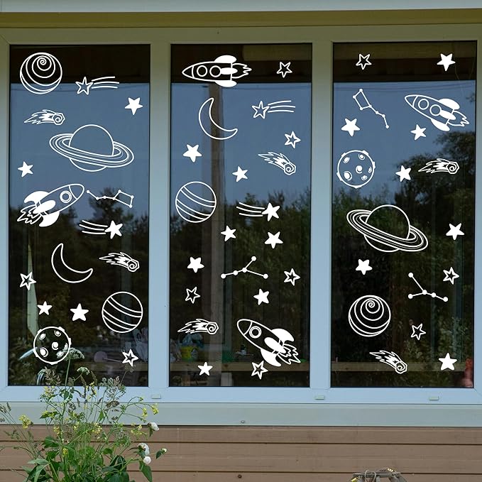 Space Wall Decals,Outer Space Stars Wall Sticker,Planets, Shooting Stars,Rocket Self-Adhesive Mural，Removable Planet Sticker for Living Room Baby Nursery Kids Room Wall Decoration