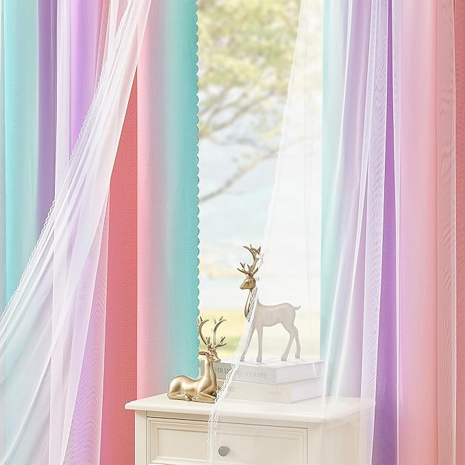 XiDi 100% Blackout Curtains for Girls Bedroom 63 Inches Long 2 Panels Colorful Rainbow Nursery Kids Curtains with Sheer Overlay Unicorn Wall Decor Princess Grommet Drapes Pink Purple Green 52W x 63L