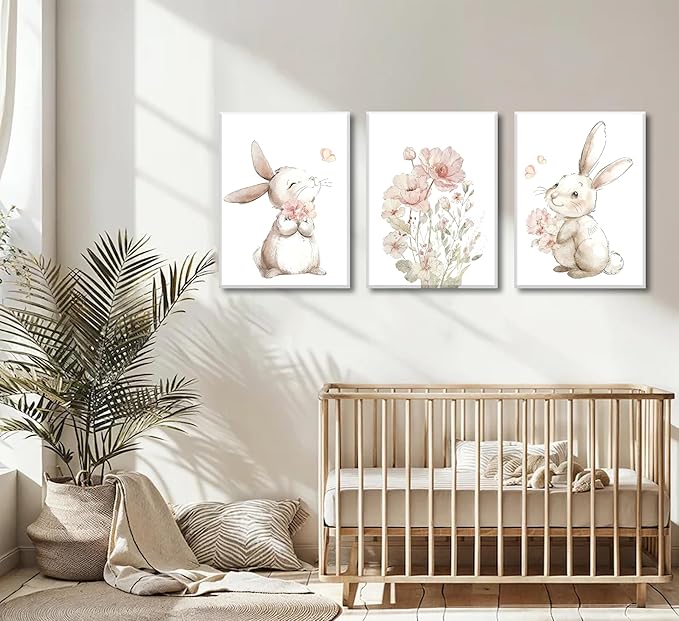 Grengel Pink Girl Nursery Bunny Canvas Wall Art Cute Rabbit Wildflowers Painting Pictures Wall Decor Botanical watercolor Flower Poster printing artwork For Baby Boys and Girls Playroom paintings