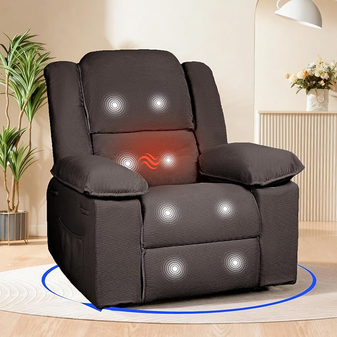 FLEXISPOT Massage Swivel Rocker Recliner Chair for Adults, Rocking Chair Nursery with Massage and Heat, USB Charging Port, 360° Swivel Recliner for Living Room Bedroom Nursery, Brown (XRC2)