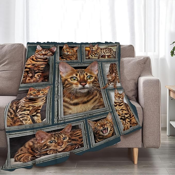 Bengal Cat Gifts and Decor - Cute Throw Blanket for Girls, Women, Kids, Adults - Soft Warm Cozy Fleece for Couch, Sofa, Bed - 50"x40"