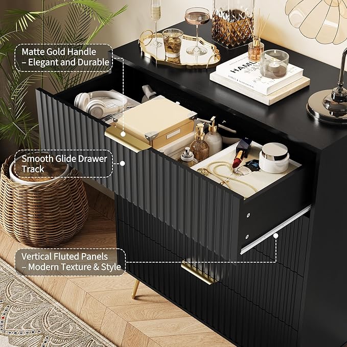 Garvee Fluted Dresser for Bedroom with 4 Drawers,32" Wide Modern Chest of Wooden Bedroom Chest with Metal Handle,Wide Clothes Storage Organizer,Closet Dresser & TV Stand for Living Room,Hallway,Black