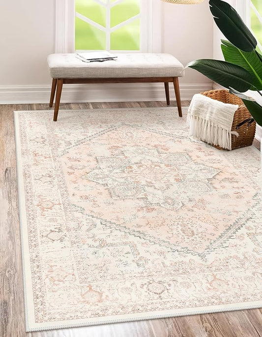 LIVEBOX Pink Area Rug 5x7 - Soft Rugs for Bedroom, Non-Slip Pink Rugs for Bedroom Girls, Vintage Washable Cute Aesthetic Rug for Nursery Dining Room, Retro Print Distressed Accent Carpet for Apartment