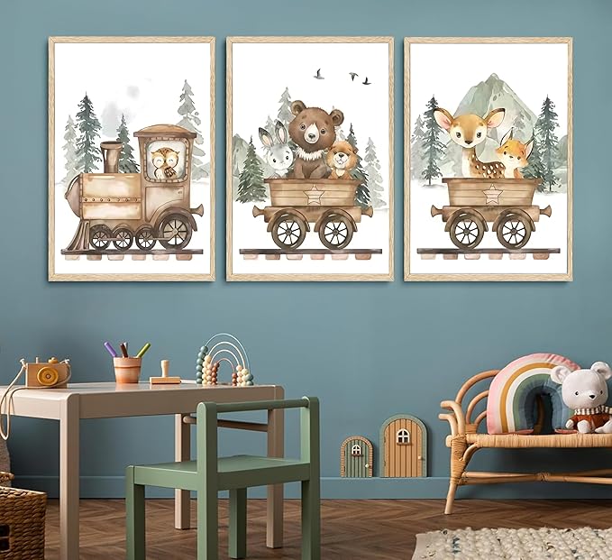 SZHUAAIC 3Pcs Woodland Animal Nursery Canvas Wall art Forest Wildlife Train Adventure Drawing Picture Wall Decor Fox Bear Deer Rabbit Owl Poster Printings for Boys Girls Room Home Decoration Unframed