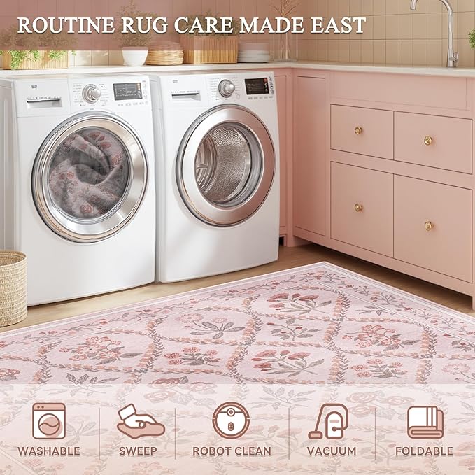 Nursery Rug for Baby Girl, 5x8 Washable Pink Rugs for Bedroom Girls, Soft Faux Wool Cute Pink Boho Floral Area Rugs for Living Room Kids Room Playroom, Pink Multi