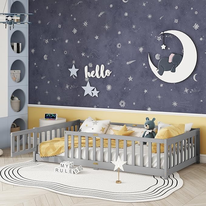 Twin Size Floor Bed for Kids, Wood Montessori Floor Beds with Fence Railings, Door & Slats Support, Twin Playhouse Bed Frame for Boys Girls, No Box Spring Needed, Gray