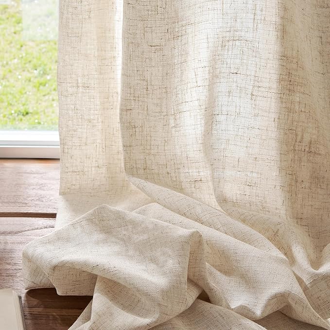 jinchan Beige Linen Blend Curtain 120 Inches Extra Long 1 Panel for Sliding Door, Light Filtering 100 Inches Extra Wide Patio Door Natural Drape with Rod Pocket Back Tab (100W x 120L, Ecru)