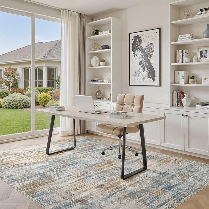 Area Rug for Living Room: 7x9 Washable Neutral Abstract Modern Soft Rugs Non Slip Indoor Floor Stain Resistant Large Carpet for Bedroom Dining Room Office Nursery - Blue Brown