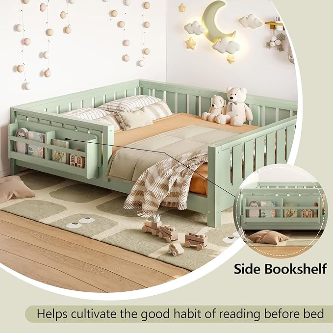 Bellemave Full Size Floor Bed with Slats and Safety Guardrail, Full Size Montessori Floor Bed with Fence and Built-in Bookshelf, Easy Assemble Montessori Beds for Kids, Girls, Boys, Green