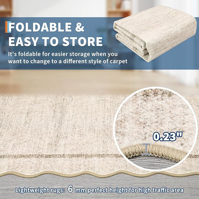 GarveeHome Scalloped Washable Rug 9x12 Area Rug for Bedroom Modern Living Room Rug Farmhouse Non Slip Large Area Rug Soft Throw Rugs Stain Resistant Carpet for Dining Room Nursery Beige 9'x12'