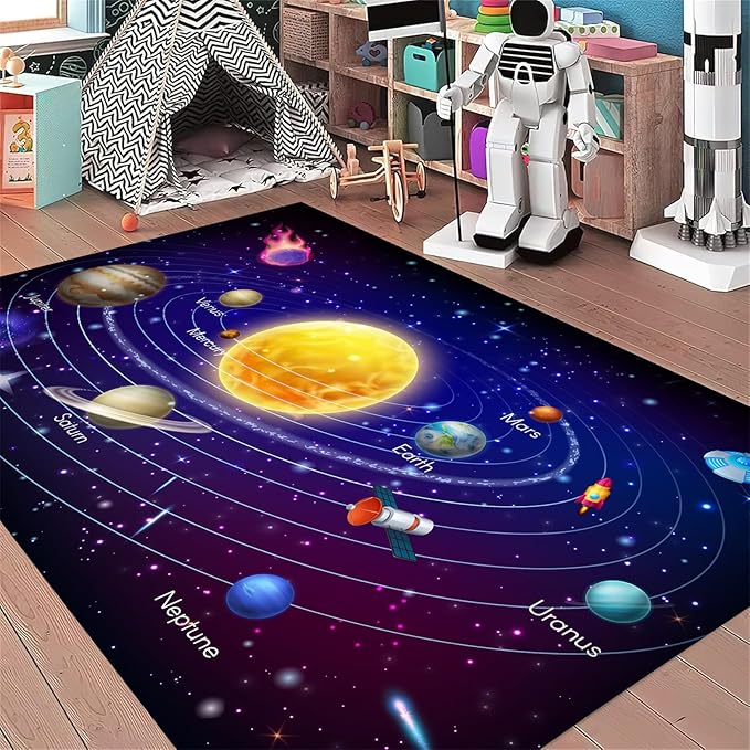Solar System Planet Area Rug,6x8ft,Boys and Girls Room Large Play Mat, Suitable for Children's Room Bedroom, Classroom, Daycare Center, Kindergarten, Non-Slip Washable Carpet