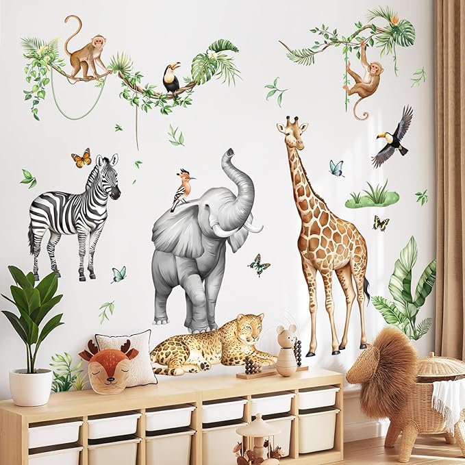 Jungle Safari Animal Wall Decals for Kids Room - Wildlife Wall Stickers Giraffe Elephant Leopard Zebra Monkey Removable Vinyl Nursery Decor for Baby Toddlers Classroom Playroom Wall Decor