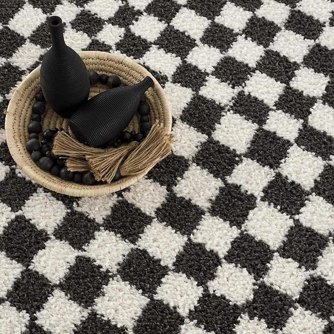 BoutiqueRugs Kieu Black and White Checkered Shag Rug - High Pile Fluffy Shag Carpet for Hallway, Nursery, Playroom, Girls Boys Room - Black, White - 7'10" x 10' (8x10)