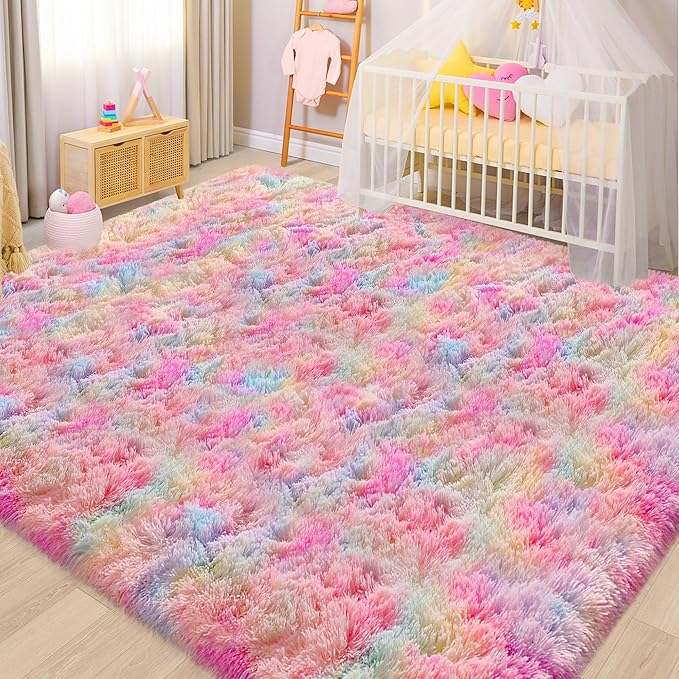 Soft Fluffy Area Rug 8x10 Plush Rainbow Rugs for Girls Bedroom Shaggy Carpet Kawaii Unicorn Rug for Living Room Fuzzy Nursery Rug for Baby's Toddler's Room Cute Colorful Room Decor for Kids