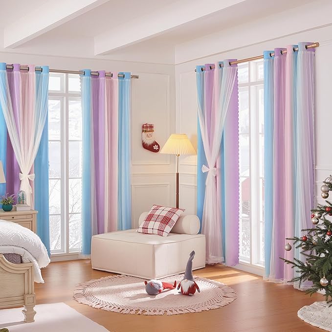 XiDi Kids Blackout Curtains with Sheer Overlay 84 Inches Long 2 Panels for Girls Bedroom Nursery Rainbow Pink Purple Blue Double Layer Curtains Unicorn Princess Theme Home Decor Grommet W34 x L84