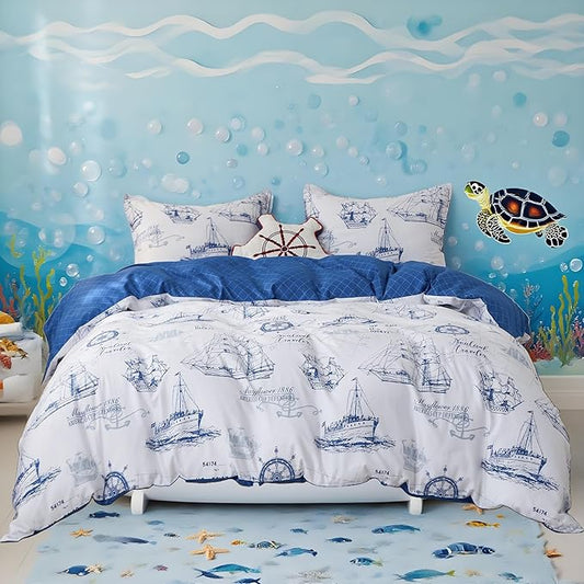 Simple&Opulence 100% Organic Cotton Duvet Cover for Kids Teens,3 Pieces Soft Cartoon Comforter Cover with Zipper Closure, Boys Bedding Set with Sailboat Pattern,Twin