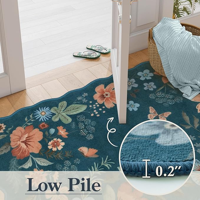 Lahome Floral Hallway Runner Rug Non Slip, 2'6''x10' Washable Runner Soft Ultra-Thin Soft Runners for Hallways, Kitchen Distressed Carpet for Entryway Bathroom(Navy Blue)
