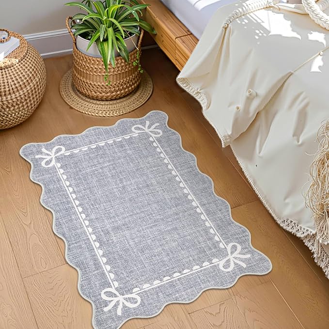 GarveeHome Scalloped Bow Rug for Kitchen Floor, Solid Grey Rug for Dorm, Washable Entryway Rugs 2x3 Soft Low Pile Non Slip Scalloped Rugs for Nursery Bedroom Decor Hallway