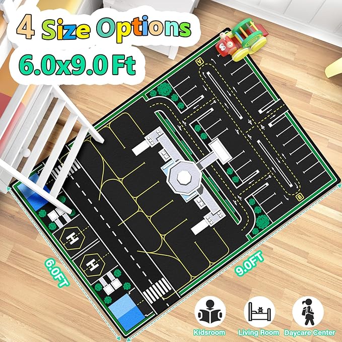 Kids Rug, Airport Rug & Play Mat, 6x9 Ft Road Carpet for Kids with Combined City Traffic & Airport Runway, Non-Slip Playmat for Playroom, Classroom, and Bedroom
