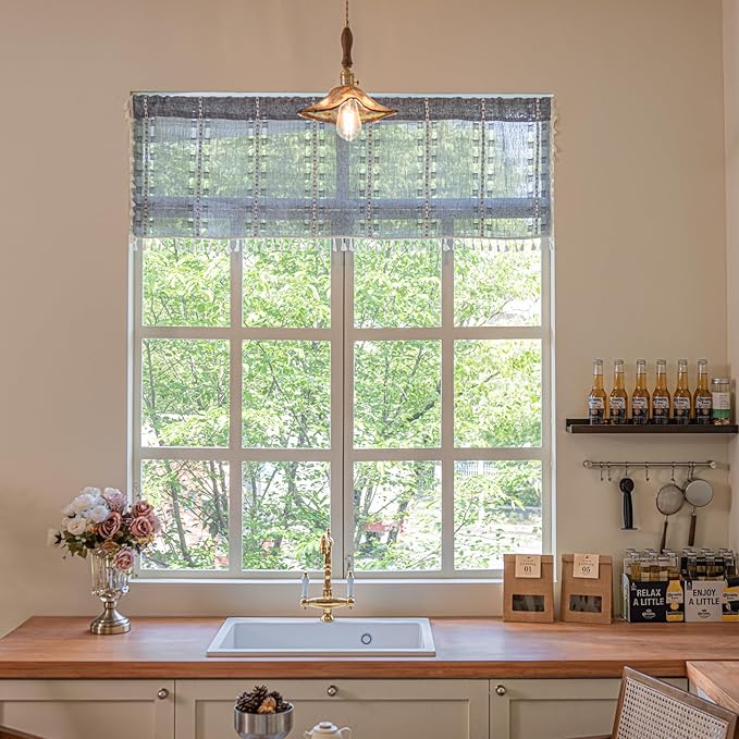 Deeprove Boho Valance Kitchen Short Curtain, Textured Striped Drape Semi Sheer Privacy Tier Embroidered Chic Window Treatment for Cafe Restaurant Closet, W52 x L18 inch Single 1 Panel Denim Blue