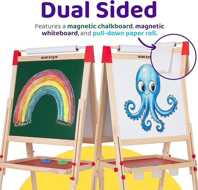 Blue Squid Art Easel for Kids with Paper Roll x 3, Includes 100+ Accessories, Double Sided Adjustable Wooden Painting Easel with Magnetic Chalk Board, White Board for Toddlers Ages 3,4,5,6,7,8,9,10,12