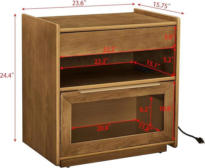 Mid Century Modern Nightstand with Charging Station, Farmhouse End Table with Outlet Hole, 2 Drawers & Open Shelf, Glass Drawer Storage End Table for Bedroom, Living Room, Dorm