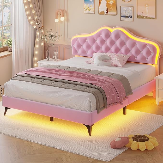 ADORNEVE Queen Size Upholstered LED Bed Frame, Girls Bed with Adjustable Crystal Button Headboard, Velvet Princess Platform Bed for Girls, Solid Wooden Slats, Easy Assembly, Pink