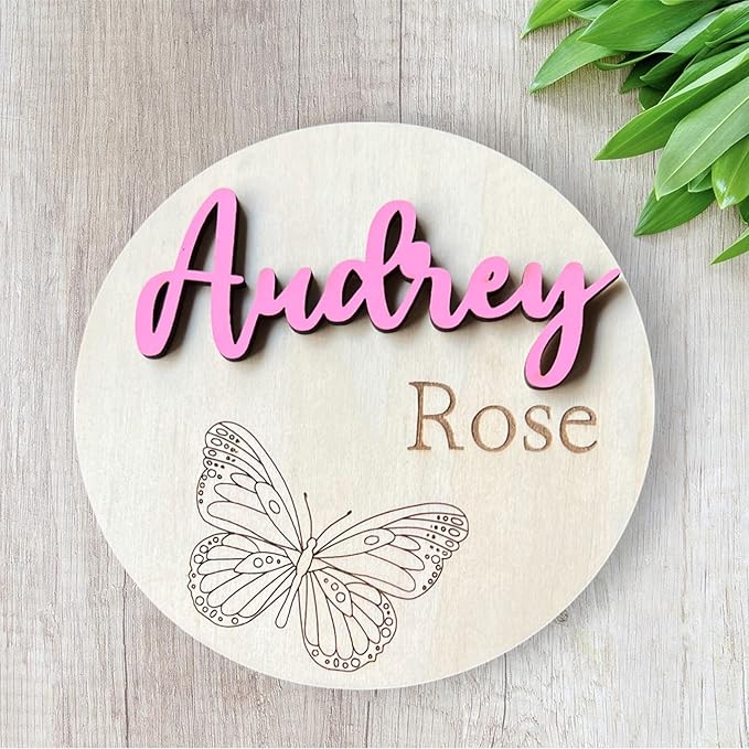 Personalized 3D Butterfly Birth Announcement Sign, Wooden Name sign, Hospital Photo prop Baby Name Reveal, Many font options, 30 Colors (Engraved Monarch)