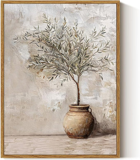 ARPEOTCY Vintage Framed Canvas Wall Art, 12x16inch, Farmhouse Olive Tree in Vessel Wall Decor, Still Life Art Prints Home Decorations, Botanical Paintings for Living Room Bedroom Office Decor