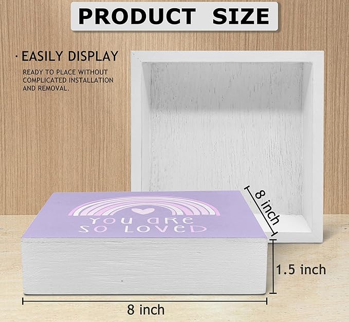 SRADMO You Are So Loved Rainbow Heart Wood Box Sign Desk Decor, Kids Inspirational Quotes Wooden Block Box Sign Decoration for Kids Room Nursery Shelf Table Decorative Accessories (Purple), 8x8 Inches