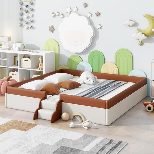 King Size Upholstered Daybed Frame with Fence and Stairs, Montessori Kids Floor Bed with Sturdy Slat Support for Kids Boys Girls (Brown+King)