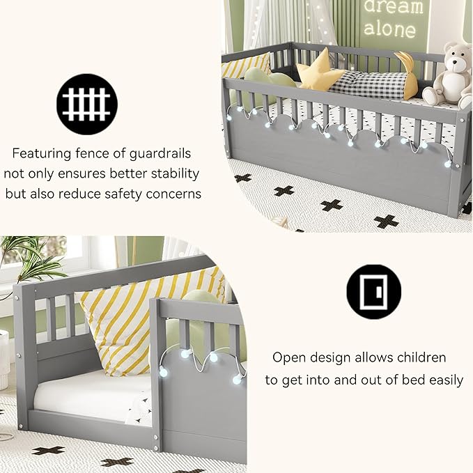 Full Toddler Floor Bed with High Rails, Wooden Montessori Bed Frame with Light and Storage Shelf, Full Size Bed Frame for Kids, Boys and Girls, Grey