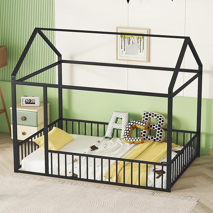 Bellemave Full Size Montessori Floor Bed, Metal House Bed Framefor Kids, Montessori Floor Beds with Fence, Playhouse for Kids, Black