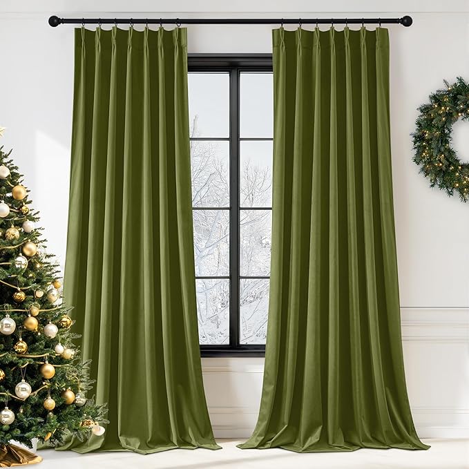 StangH Olive Green Pinch Pleat Velvet Curtains, Super Soft Room Darkening Bedroom Curtains with Privacy Thermal Insulated Elegant Home Decor for Living Room Home Office, W40 x L96, 2 Panels