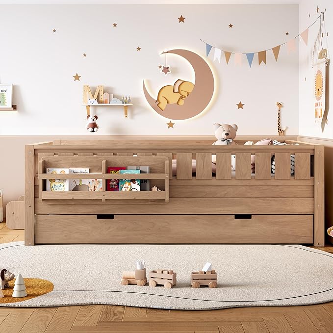 Bellemave Twin Bed with Trundle Twin and Stairs, Twin Size Platform Bed Frame with Fence and Bookshelf, Easy Assemble Beds for Kids, Girls, Boys, Natural