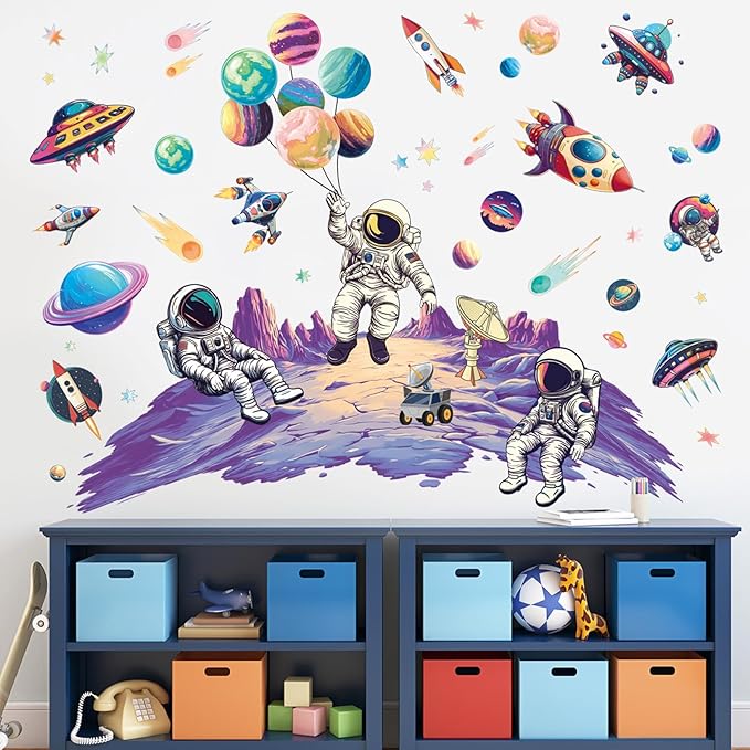 SHUCHING Outer Space Astronaut Wall Sticker Peel and Stick, Vinyl Planet Rocket Wall Decal, Wall Decor Art for Baby Kids Bedroom Nursery Playroom