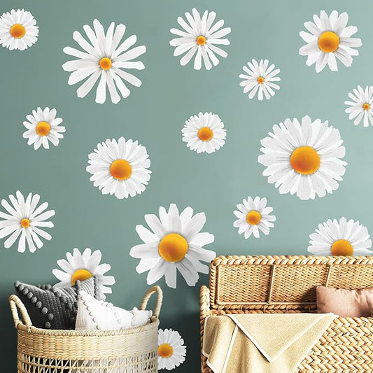 Big White Daisy Wall Decals Decor for Baby Nursery Toddler Girls Bedroom, Vinyl Floral Wall Stickers Peel and Stick, Boho Daisy Flower Wall Art Decor for Living Room Closet Cabinet