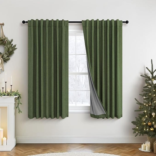 Pitalk Olive Green Blackout Curtains 63 Inch Length 2 Panel for Boys Bedroom Kids Nursery Decorative Linen Room Darkening Grass Forest Green Curtains Sound Draft Cold Heat Light Blocking Retro Vintage