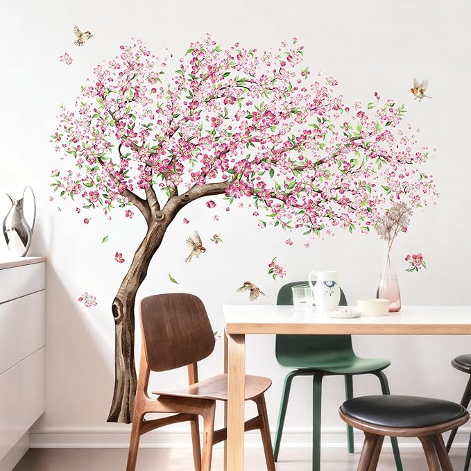 Tanlaby Large Cherry Blossom Tree Wall Decals Pink Peach Flower Tree Wall Stickers with Birds Peel and Stick Spring Wall Art Decor for Girls Kids Bedroom Nursery Living Room TV Decor