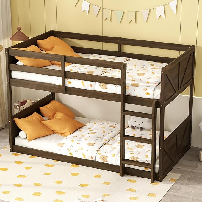 Bunk Bed Twin Over Twin, Wood Low Profile Floor Twin Bunk Beds with Headboard Ladder Guardrails for Kids Boys and Girls, No Box Spring Needed
