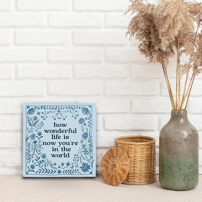 How Wonderful Life Is Now You're in the World Wood Box Sign 5×5 Inches, Boho Floral Wood Sign for Nursery Kids Boy Girl Newborn Teen Bedroom Home Desk Tabletop Shelf Decor