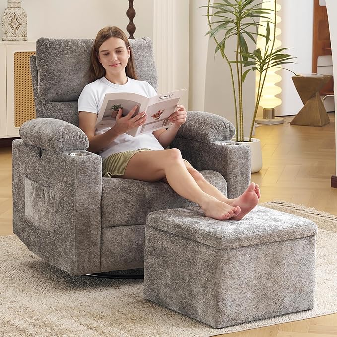 Oversized Power Recliner Chair Swivel Glider with Massage and Heat, Swivel Rocker Recliner with Adjustable Armrests, 26" Wide Nursery Chair with Storage Ottoman, Rocker Nursery Recliner, Dark Grey